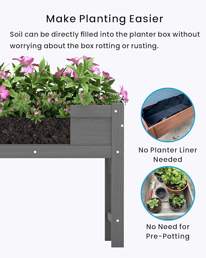 HDPE Raised Garden Bed with Legs, 49x21x27in All-Weather Heavy Duty Planter Box, Outdoor Elevated Garden Bed for Seeds, Herb, Flower, Vegetable (Grey)