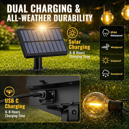100FT Solar String Lights Outdoor Waterproof, G40 Patio Lights Shatterproof Bulbs with Remote Control, Dimmable Timer 3 Lighting Modes for Porch, Yard, Backyard, Garden, Camping Decor