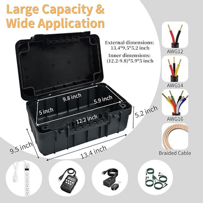 Paxboxtech Large Outdoor Electrical Box (13.4 x 9.5 x 5.2 inch), IP54 Waterproof Outdoor Extension Cord Cover, Weatherproof Outlet Box, Protect Power Strip, Outlet, Timer, Plug, Holiday Light, Black