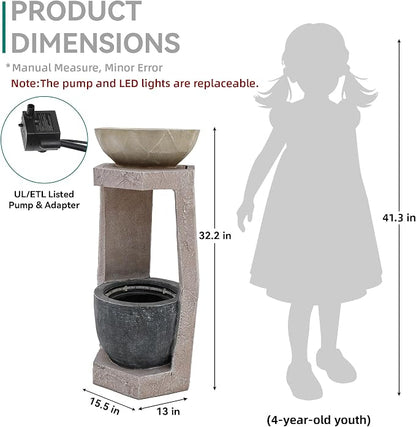32" Modern Geometric Outdoor Fountain with Birdfeeder | Two Bowls Water Feature with LED Lights, Resin Soothing Cascading Waterfall for Patio, Backyard, Garden or Porch