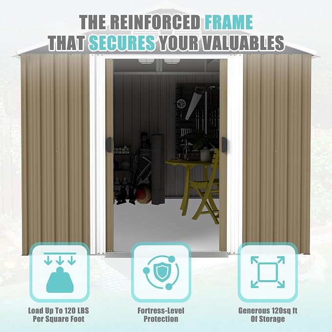 YOPTO 8x12 FT Outdoor Storage Shed, Metal Garden Shed with Window, Lockable Door & Sloped Roof, Large Waterproof Utility Tool Shed for Backyard, Garden, Patio, Lawn, Brown