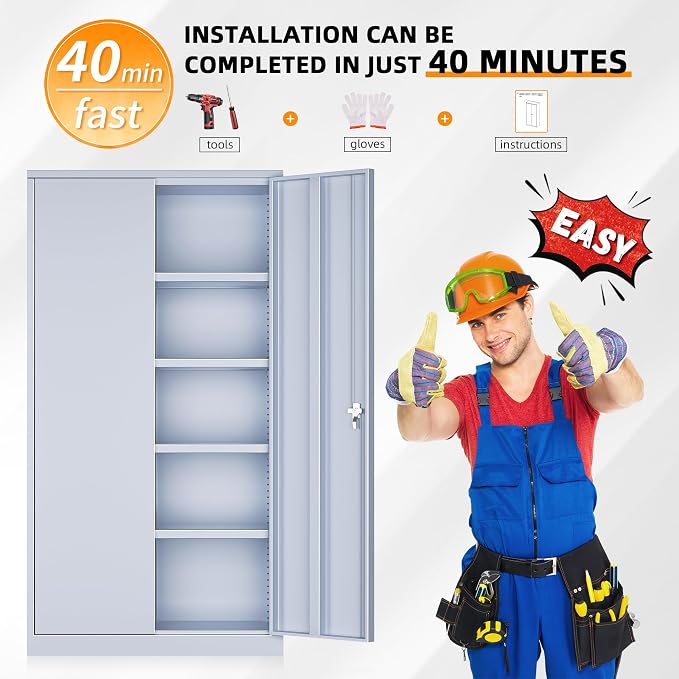 INTERGREAT Metal Storage Cabinet with Doors, 72" Locking Steel Storage Cabinet with Shelves, Tall Metal Cabinet Lockable Steel Cabinets for Home Office, Garage,(Cement)