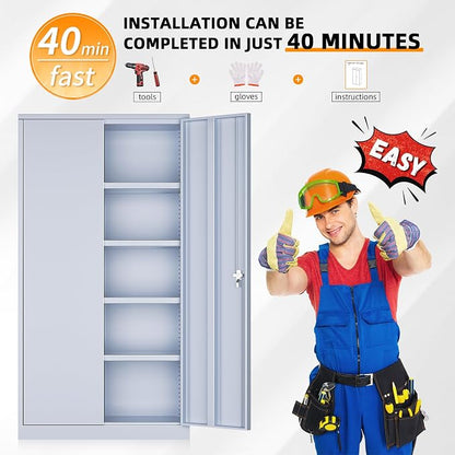 INTERGREAT Metal Storage Cabinet with Doors, 72" Locking Steel Storage Cabinet with Shelves, Tall Metal Cabinet Lockable Steel Cabinets for Home Office, Garage,(Cement)