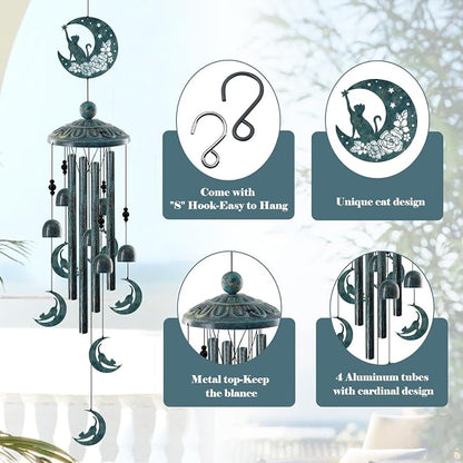 Cat on the Moon Wind Chimes for Outside - 35" Large Metal Windchime with 6 Cat Charms & 4 Tuned Aluminum Tubes - Memorial Pet Sympathy Gift, Verdigris Bronze Garden Decor for Yard, Porch, Patio