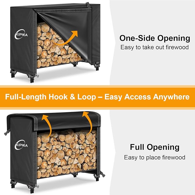 Kipiea 4FT Waterproof Firewood Storage Log Rack Cover, Heavy Duty 600D Outdoor Wood Storage Rack Cover with Buckles and Full-Length Hook & Loop Fastener, Tear-Resistant