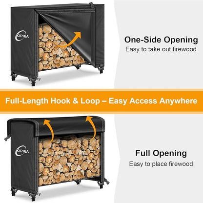 Kipiea 4FT Waterproof Firewood Storage Log Rack Cover, Heavy Duty 600D Outdoor Wood Storage Rack Cover with Buckles and Full-Length Hook & Loop Fastener, Tear-Resistant