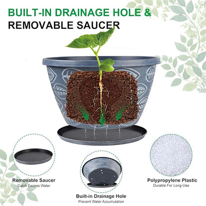 Nooulap Outdoor Flower Pots for Plants Set of 3 Pack 11 Inch Planter Pot, Large Plastic Plant Pots Indoor Plants with Drainage Holes & Trays, Modern Decorative Garden Containers Sets for House(Blue)