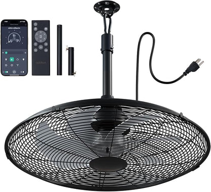 addlon Outdoor Ceiling Fan for Patios, 24 inch Black Waterproof Gazebo Fan Remote&APP Control, 6 Speeds, Noiseless, Reversible, Plug in Hook Mount Ceiling Fan for Pergola Canopy Porch