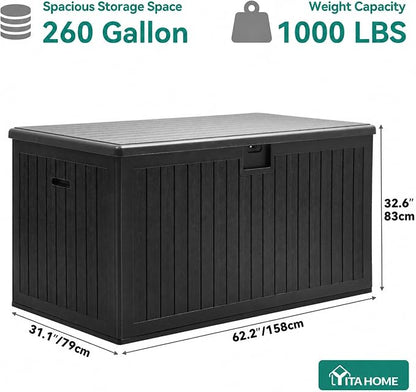 YITAHOME 260 Gallon Large Deck Box with Divider & Side Handles | Outdoor Double-Wall Storage for Patio Furniture Cushions, Garden Pool Accessories, Water Resistant & Lockable, Black