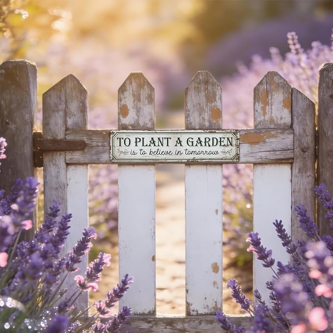 Garden Metal Tin Sign, To Plant a Garden Is to Believe in Tomorrow Sign, Rustic Farmhouse Gardening Wall Decor, for Yard Fence Porch Door, Outdoor Gardens Decoration, 15.7 x 3.9 Inches