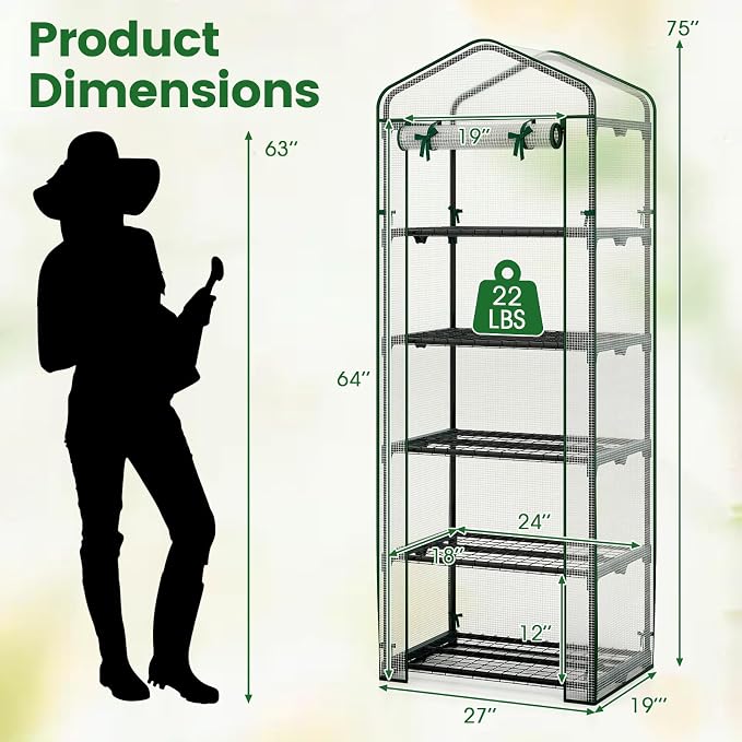 Giantex Mini Greenhouse Indoor Outdoor, 27" x 19" x 75" Portable Plant Grow House with 5 Tier Shelves, PE Cover, Roll-Up Zipper Door, Rustproof Elector-Coating Metal Frame for Patio Balcony Garden