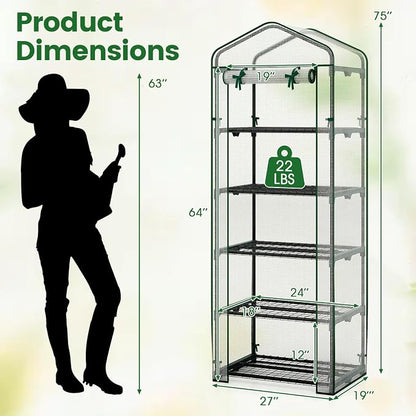 Giantex Mini Greenhouse Indoor Outdoor, 27" x 19" x 75" Portable Plant Grow House with 5 Tier Shelves, PE Cover, Roll-Up Zipper Door, Rustproof Elector-Coating Metal Frame for Patio Balcony Garden