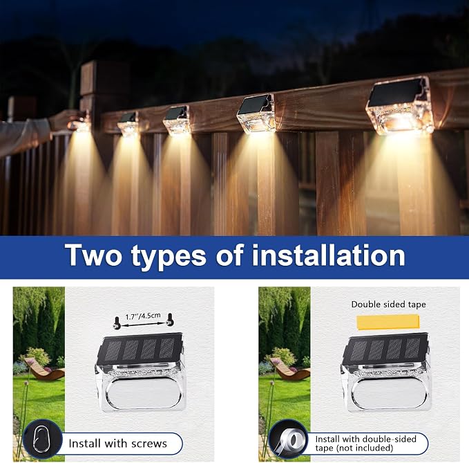 Qualdout Solar Step Lights Outdoor 8 Pack, Waterproof Solar Deck Lights with Clear Acrylic Lens, Warm White Dusk to Dawn Solar Fence Lights for Stairs, Railing, Patio, Yard, Pool, Garden