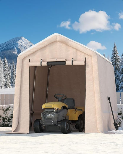 GarveeLife Outdoor Portable Storage Shed with Roll-Up Door & Vent, 240G Heavy-Duty Shelter Waterproof PE Tarp, UV-Resistant Storage Sheds for Motorcycle, Firewood, Garden and Tools (Khaki, 7'x10')