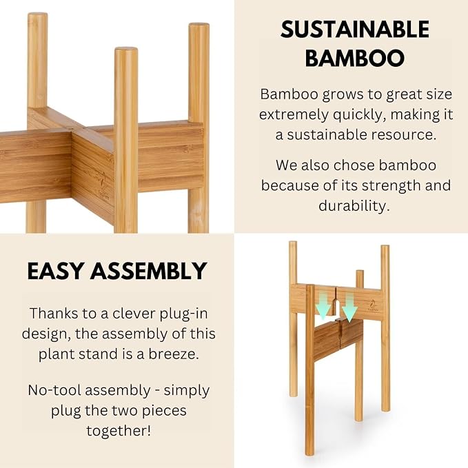 Fox & Fern Bamboo Plant Stand — 8 Inch Fixed Size Mid Century Plant Stand for Indoor Pots (Not Included); Raised Flower Pot Holder for Indoors; Plug In Design; Two Height Options - Bamboo
