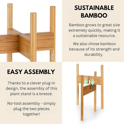 Fox & Fern Bamboo Plant Stand — 8 Inch Fixed Size Mid Century Plant Stand for Indoor Pots (Not Included); Raised Flower Pot Holder for Indoors; Plug In Design; Two Height Options - Bamboo