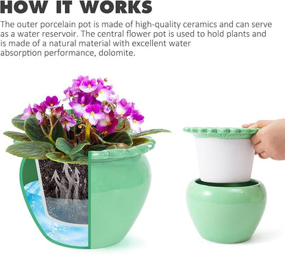 Self Watering Plant African Violet Flower Pot 6.5 * 4.6 * 4 Inch Green Ceramic Pot Maintenance Indoor Plant Self Watering Seeder Plant Planting High Absorption Plant Inner Flower Pot