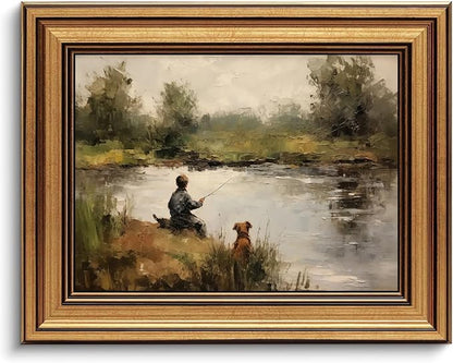 Devunaty Gold Framed Vintage Wall Art Boy Fishing Wall Decor Paintings Funny Dog and Boy Landscape Canvas Print Picture Retro Country Farmhouse Artwork for Kids Bedroom Living Room Decor 9"x11"