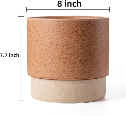 8 Inch Ceramic Self Watering Planter with Drainage Hole Terracotta | Indoor Plant Pot with Water Storage Plus - for African Violet, Herbs & Pothos - Home & Office Decor, Cylinder Round