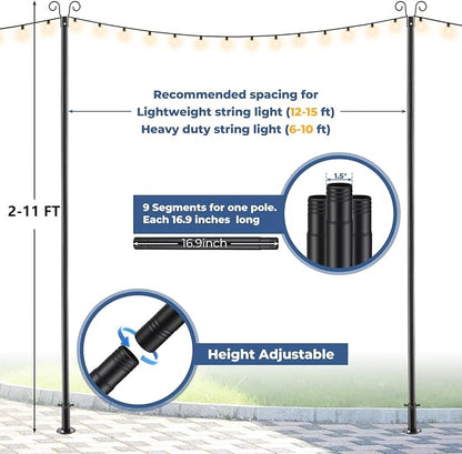10 FT String Light Poles Heavy Duty (1 Pack) - Outdoor Patio Deck Light Poles for Outside with Anchor Base and Mounting Bracket, Waterproof Garden Backyard Pole for Wedding Party Garden