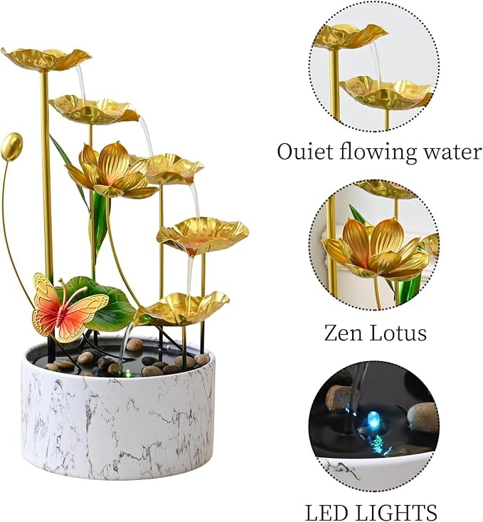 16 Inch Gold LED Metal Tabletop Indoor Water Fountain for Desk Living Room Office