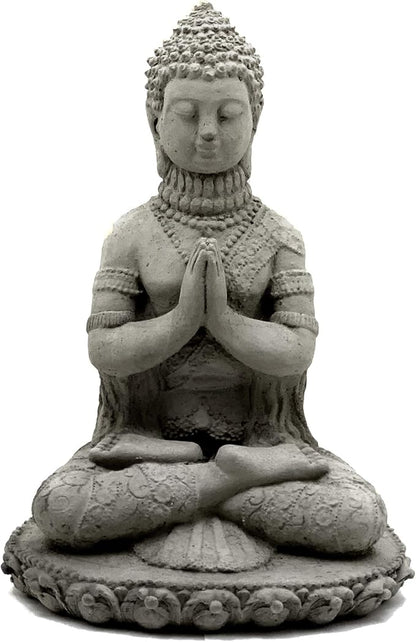 Praying Buddha Statue: Durable Solid Stone Sculpture with Aged Texture. Unique Home Décor, Garden Accent. Sealed for Outdoors. Handcrafted USA. (Antique/Gray)