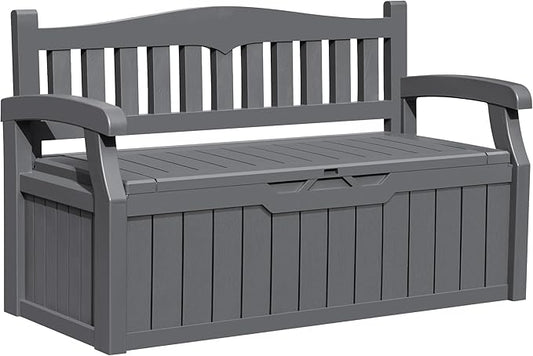Greesum 80 Gallon Outdoor Storage Bench, Resin Patio Furniture with Armrest,Waterproof and UV-Resistant, Perfect to Garden, Poolside and Lawn, Dark Grey