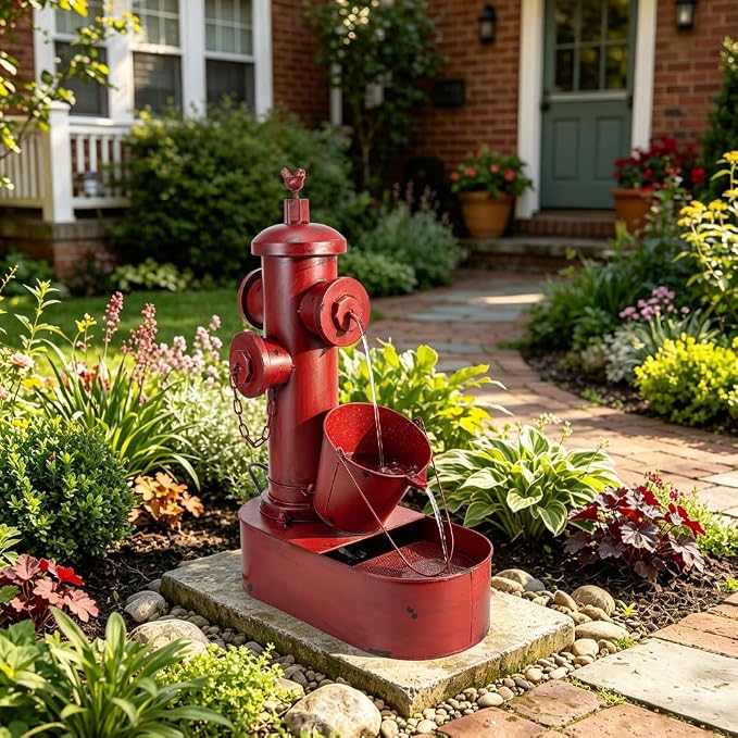 2-Tier Outdoor Water Fountain, 27" Heavy-Duty Metal Garden Fountains | Rustic Waterfall with Pumb & Debris Filter Screen, Rustproof Fire Hydrant Soothing Water Flow for Patio Yard Porch Decor