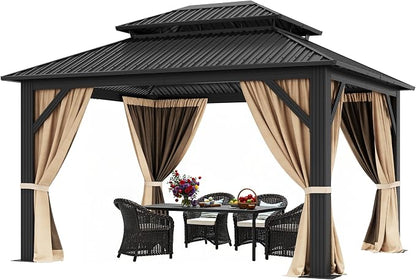 YITAHOME 12x14ft Gazebo Double Roof Hardtop Heavy Duty w/Nettings,Curtains | Upgraded Outdoor Canopy Aluminum Column Galvanized Steel Vertical Stripes Roof for Patio, Backyard, Deck, Lawns, Brown