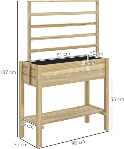 Outsunny Wooden Raised Garden Bed with Trellis, Elevated Planter Box with Storage Shelf, Drainage Holes and Liner, Outdoor Flower Box for Vegetables, Flowers, Herbs