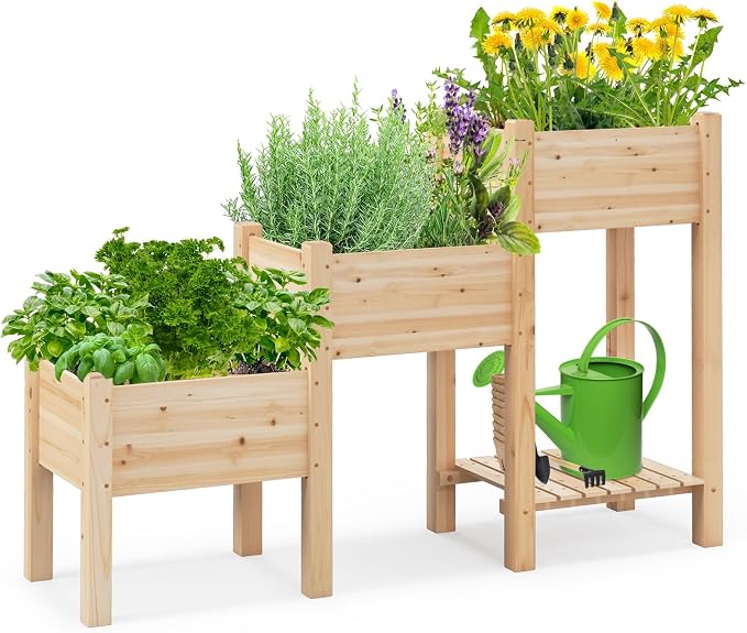 HAPPYGRILL 3-Tire Raised Garden Bed, Wooden Raised Planter Box with 3 Planter Boxes, Drainage Holes, Open Storage Shelf, Outdoor Garden Bed with Legs for Plant, Fruit, Vegetable, Flower, Herb
