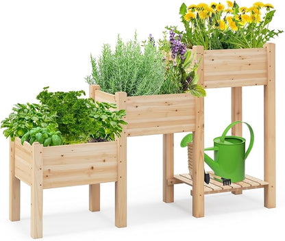 HAPPYGRILL 3-Tire Raised Garden Bed, Wooden Raised Planter Box with 3 Planter Boxes, Drainage Holes, Open Storage Shelf, Outdoor Garden Bed with Legs for Plant, Fruit, Vegetable, Flower, Herb