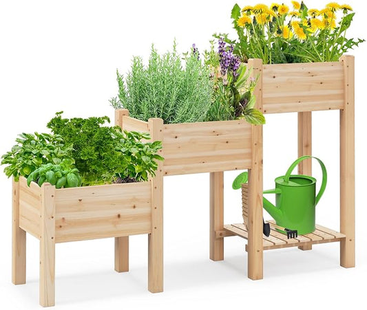 HAPPYGRILL 3-Tire Raised Garden Bed, Wooden Raised Planter Box with 3 Planter Boxes, Drainage Holes, Open Storage Shelf, Outdoor Garden Bed with Legs for Plant, Fruit, Vegetable, Flower, Herb