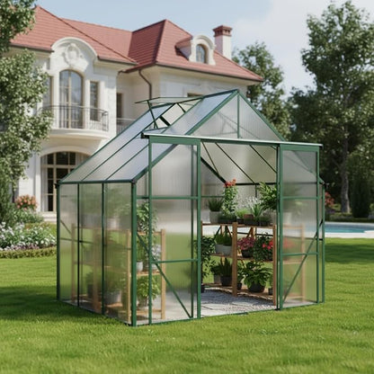 8x6 FT Greenhouse, Walk-in Polycarbonate Greenhouses with Double Sliding Doors, Aluminum Frame, Adjustable Roof Vent, Raised Base & Anchor, Outdoor Backyard Greenhouse for All Seasons, Green