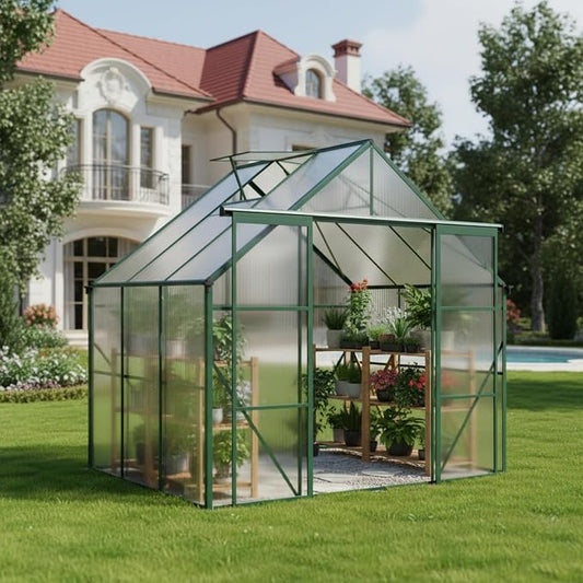8x6 FT Greenhouse, Walk-in Polycarbonate Greenhouses with Double Sliding Doors, Aluminum Frame, Adjustable Roof Vent, Raised Base & Anchor, Outdoor Backyard Greenhouse for All Seasons, Green