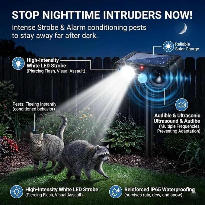 2026 Sonic Fortress Pro Deer Repellent Devices for Plants,4Pack Feral Cat Repellent Outdoor Solar Ultrasonic Animal Repellent with Motion Sensor&Flash Light,Raccoon Fortress Pro for Vegetable Garden