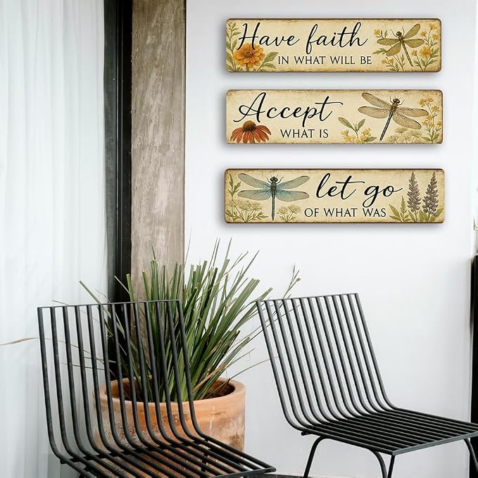 3 Pcs Retro Dragonfly Metal Tin Sign, Vintage Inspirational Quote Wall Art for Outdoor Garden, Bathroom, Home Decor, Unique Gift for Women
