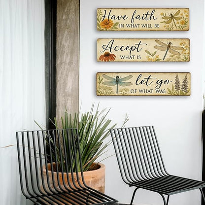 3 Pcs Retro Dragonfly Metal Tin Sign, Vintage Inspirational Quote Wall Art for Outdoor Garden, Bathroom, Home Decor, Unique Gift for Women