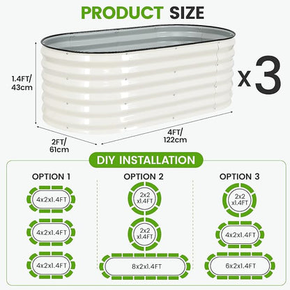 Galvanized Raised Garden Bed Outdoor |17'' Tall Planter Box Outdoor for Deep Root Plants | 3Pcs Raised Bed Kit for Gardening with Rubber Strip for Vegetables Flowers Fruits (White, 4x2x1.4FT)