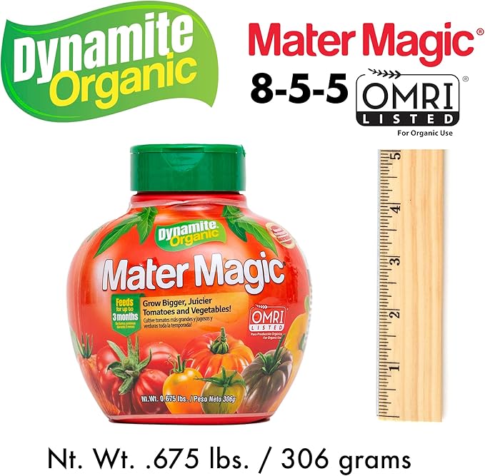 Dynamite Mater Magic - Organic Tomato Fertilizer for Bigger, Juicier Tomatoes and Vegetables, OMRI Listed, Nitrogen and Calcium-Rich Plant Food - .675 Pound Container with Shaker Lid