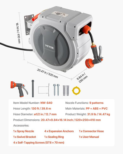 VEVOR Retractable Garden Hose Reel, 1/2 in x 130 ft, Wall Mounted Hose Reel with 9-Function Sprayer Nozzle and 180° Swivel Bracket, Any Length Lock, Automatic Slow Rewind System, for Garden Watering