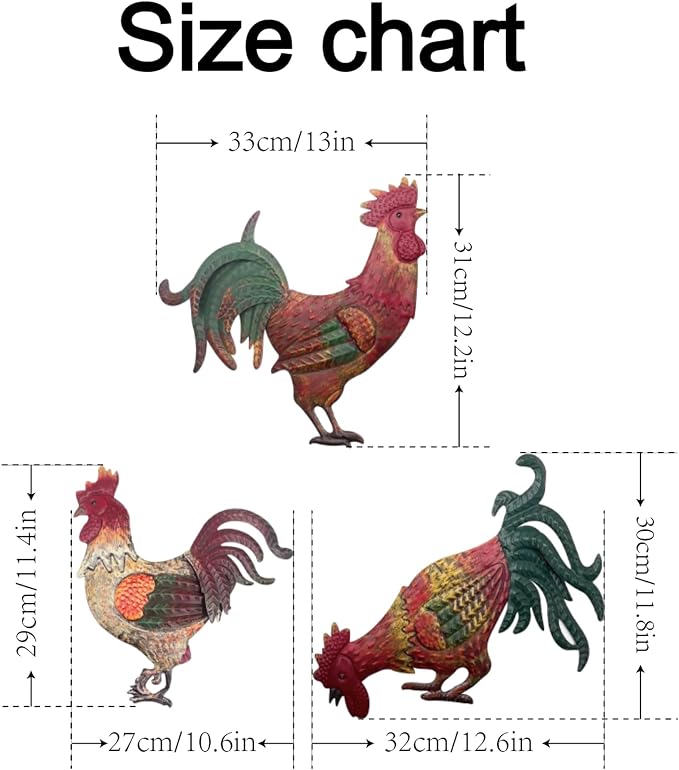GUAN YANG Set of 3 Metal Rooster Wall Decor, 33x31cm Original Design Waterproof Sturdy Easy to Install Farmhouse Kitchen Wall Decor, Rustic Outdoor Patio Wall Art for Home Decor Gift