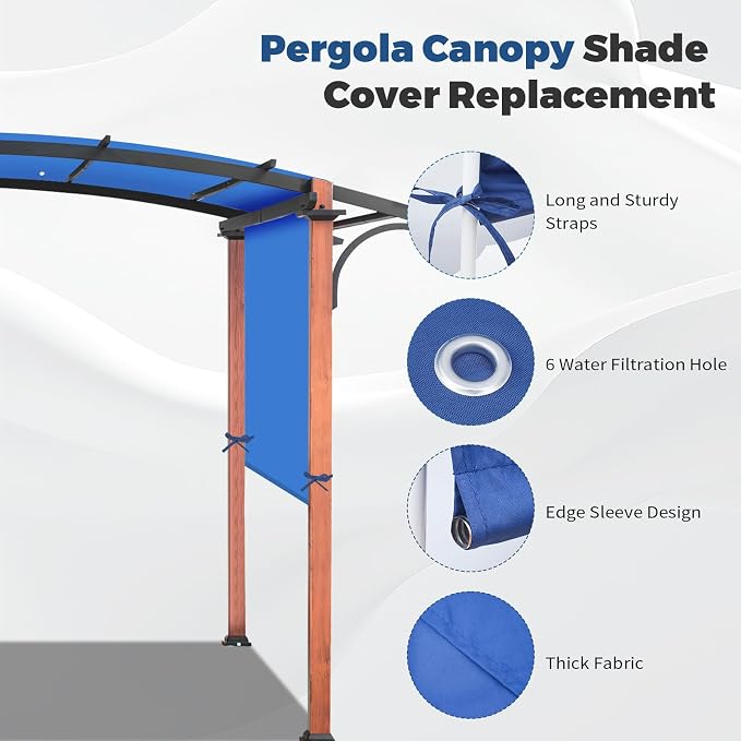 17' x 6.8' Waterproof Pergola Canopy Replacement Cover,Royal Blue | Waterproof polyester canopy with built-in drainage holes and adjustable tie straps for a secure fit in rain and wind.