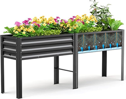 KING BIRD Raised Garden Bed with Legs & Water Storage Tank Galvanized Elevated Planter Box 80×17×31.5 in for Backyard, Patio, Balcony, 500lb Capacity, Dark Grey