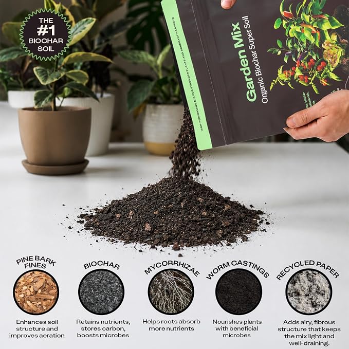 Rosy Garden Mix Biochar Potting Soil for Outdoor Plants, 8 Quart | Organic Garden Soil with Worm Castings for Vegetables, Herbs, and Flowers, Peat-free Outdoor Potting Mix, Made in USA