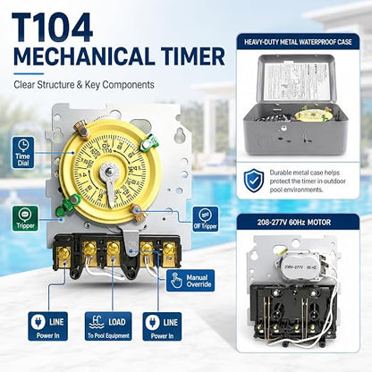 T104 Mechanical Timer Switch Replacement, 24-Hour Pool Timers for Pump | 208-277V AC DPST 40A, 24-hour 12 ON/Off timers for Pump Lights HVAC Systems