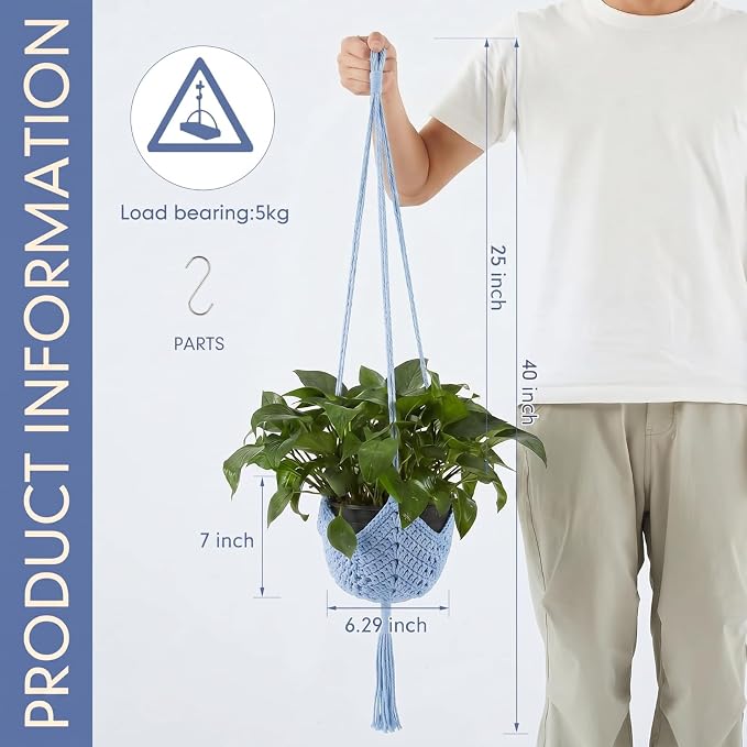 Shappy 1 Pack Boho Macrame Plant Hanger, Large Hanging Planter Plant Holder Pot Hanger Hanging Basket Wall Planters, Plants Lover Gift for Indoor Garden (Classic,Light Blue)