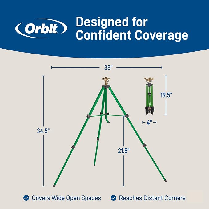 Orbit Tripod Lawn Zinc Impact Sprinkler - 360 Degree Rotating Yard Sprinkler with Adjustable Height - Heavy-Duty Zinc - High-Pressure Nozzle - for Large Lawn Coverage - 56667