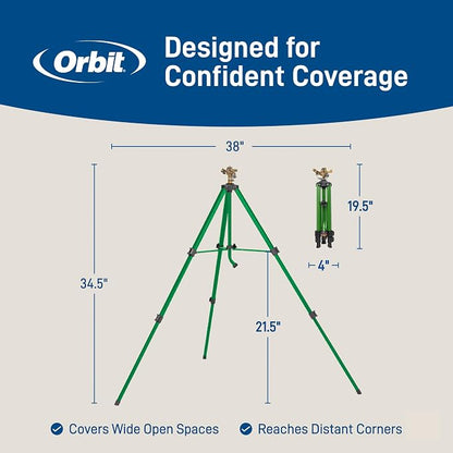 Orbit Tripod Lawn Zinc Impact Sprinkler - 360 Degree Rotating Yard Sprinkler with Adjustable Height - Heavy-Duty Zinc - High-Pressure Nozzle - for Large Lawn Coverage - 56667