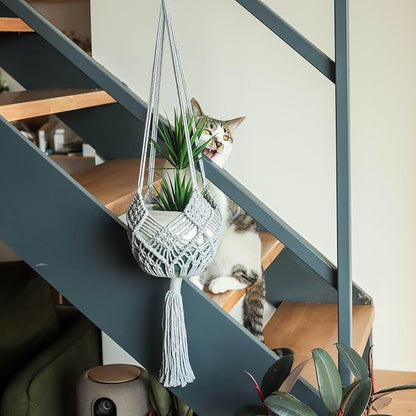 4 Pack Macrame Plant Hangers Indoor Up to 10 inch Pot, Boho Hanging Planters, Plant Holder with 8Pcs Stainless Steel Hooks (4Pcs Gray Hanger)